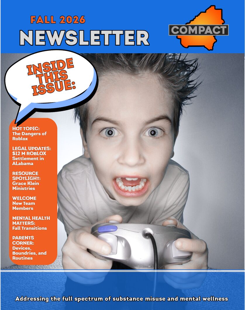Front cover of COMPACT newsletter featuring a kid holding a gaming controller
